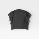 JONES + CO black crinkled texture top with flutter sleeves and collar detail.