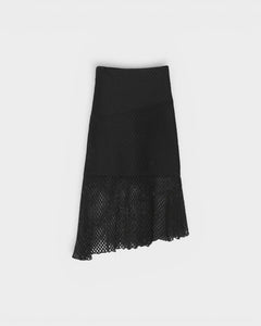 JONES + CO black crochet asymmetrical midi skirt with mesh hem detail.