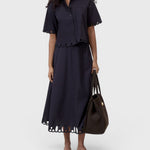 JONES + CO black cotton poplin short sleeve shirt with embroidered scalloped hem and matching midi skirt
