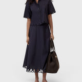 JONES + CO black cotton poplin short sleeve shirt with embroidered scalloped hem and matching midi skirt