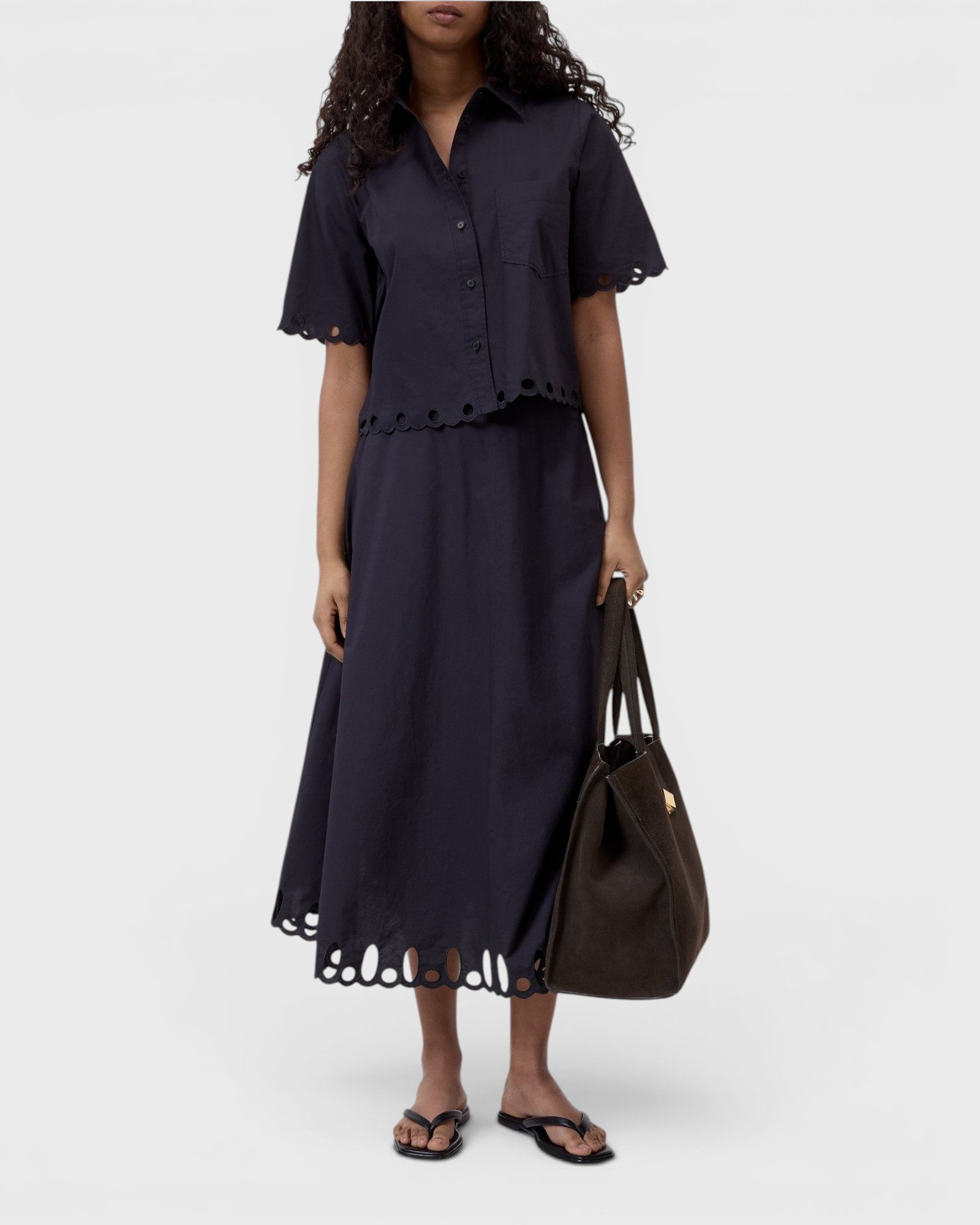 JONES + CO black cotton poplin short sleeve shirt with embroidered scalloped hem and matching midi skirt