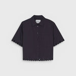 JONES + CO black cotton poplin short sleeve shirt with embroidered scalloped hem and chest pocket