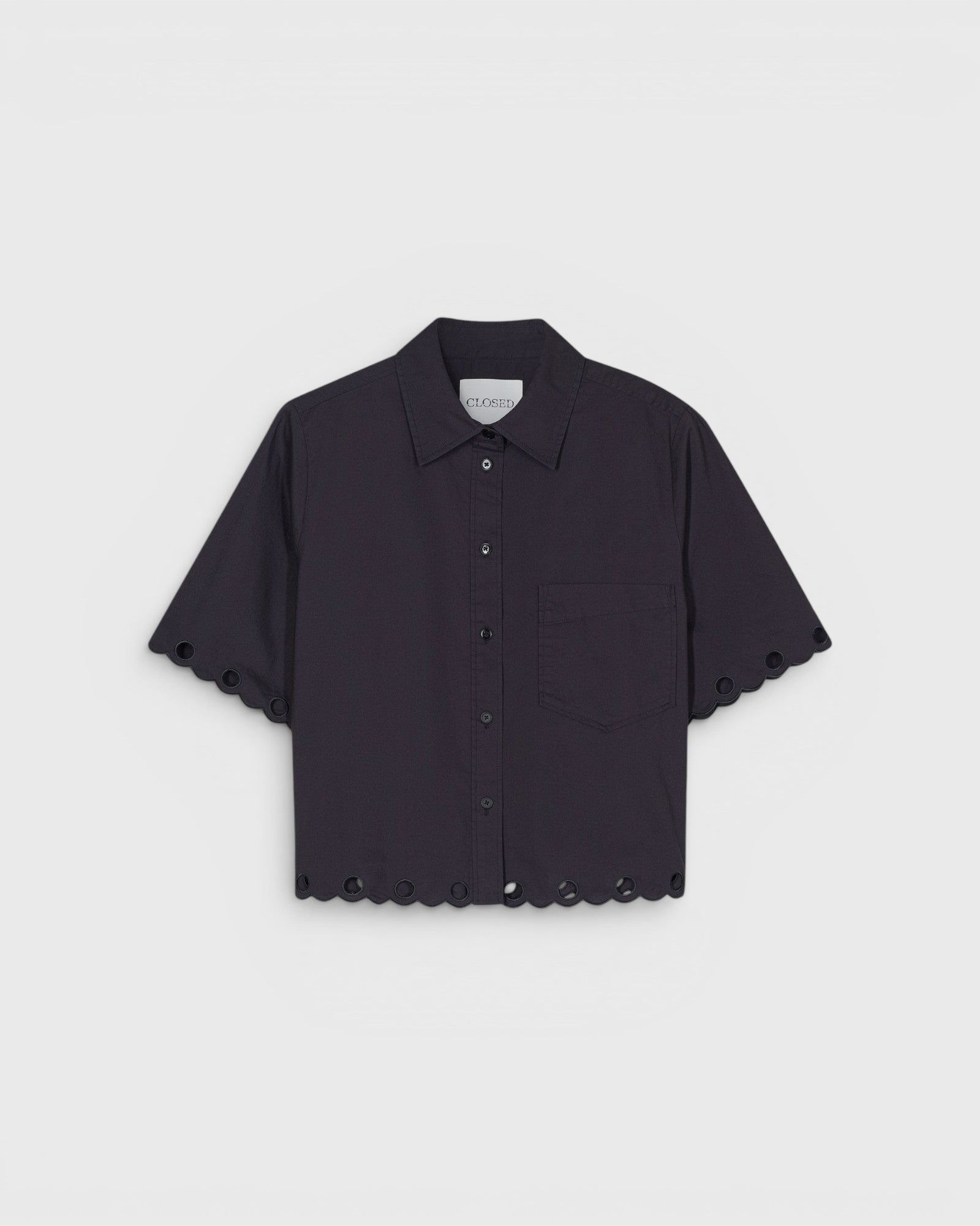 JONES + CO black cotton poplin short sleeve shirt with embroidered scalloped hem and chest pocket