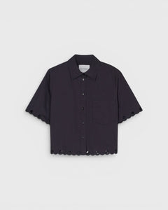 JONES + CO black cotton poplin short sleeve shirt with embroidered scalloped hem and chest pocket