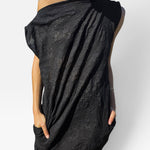 JONES + CO black floral embossed seersucker shift dress with off-shoulder neckline and side pockets