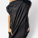JONES + CO black floral embossed seersucker shift dress with off-shoulder neckline and side pockets