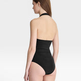 JONES + CO black halter bodysuit with a high-cut leg. A modern wardrobe essential.