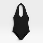 JONES + CO black halter neck bodysuit with a deep scoop neckline and ribbed texture.