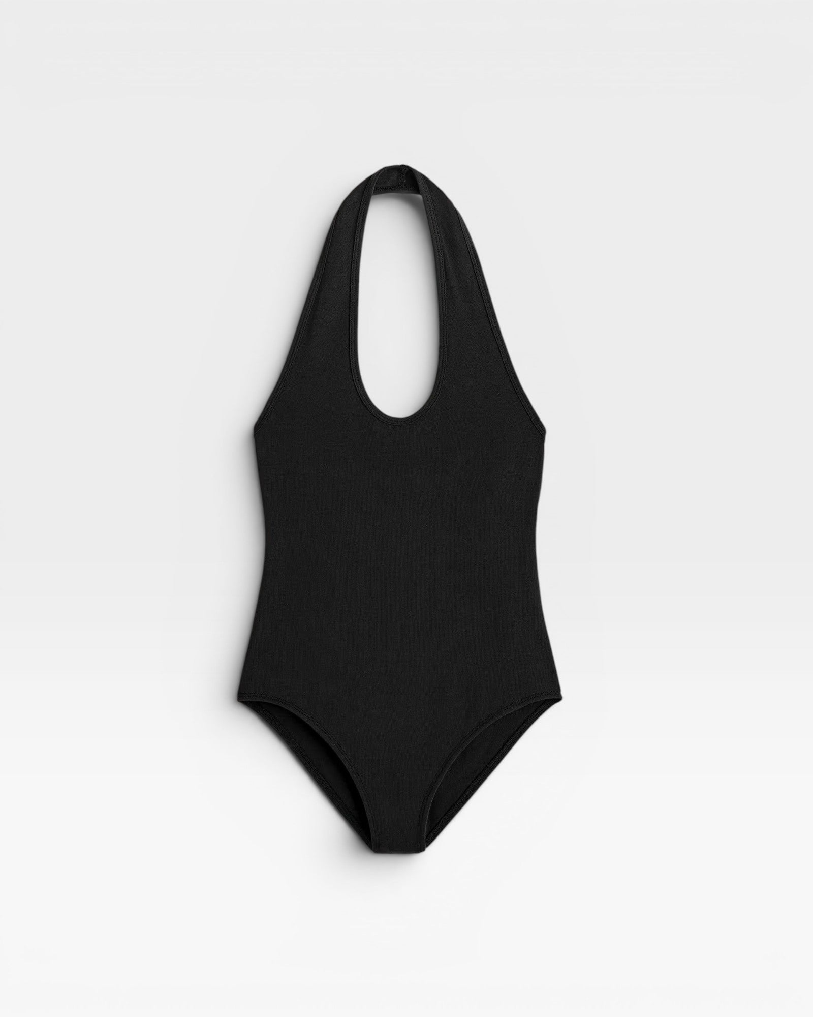 JONES + CO black halter neck bodysuit with a deep scoop neckline and ribbed texture.