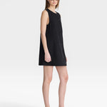 JONES + CO black linen-blend mini shift dress with button front and sunglasses