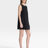 JONES + CO black linen-blend mini shift dress with button front and sunglasses