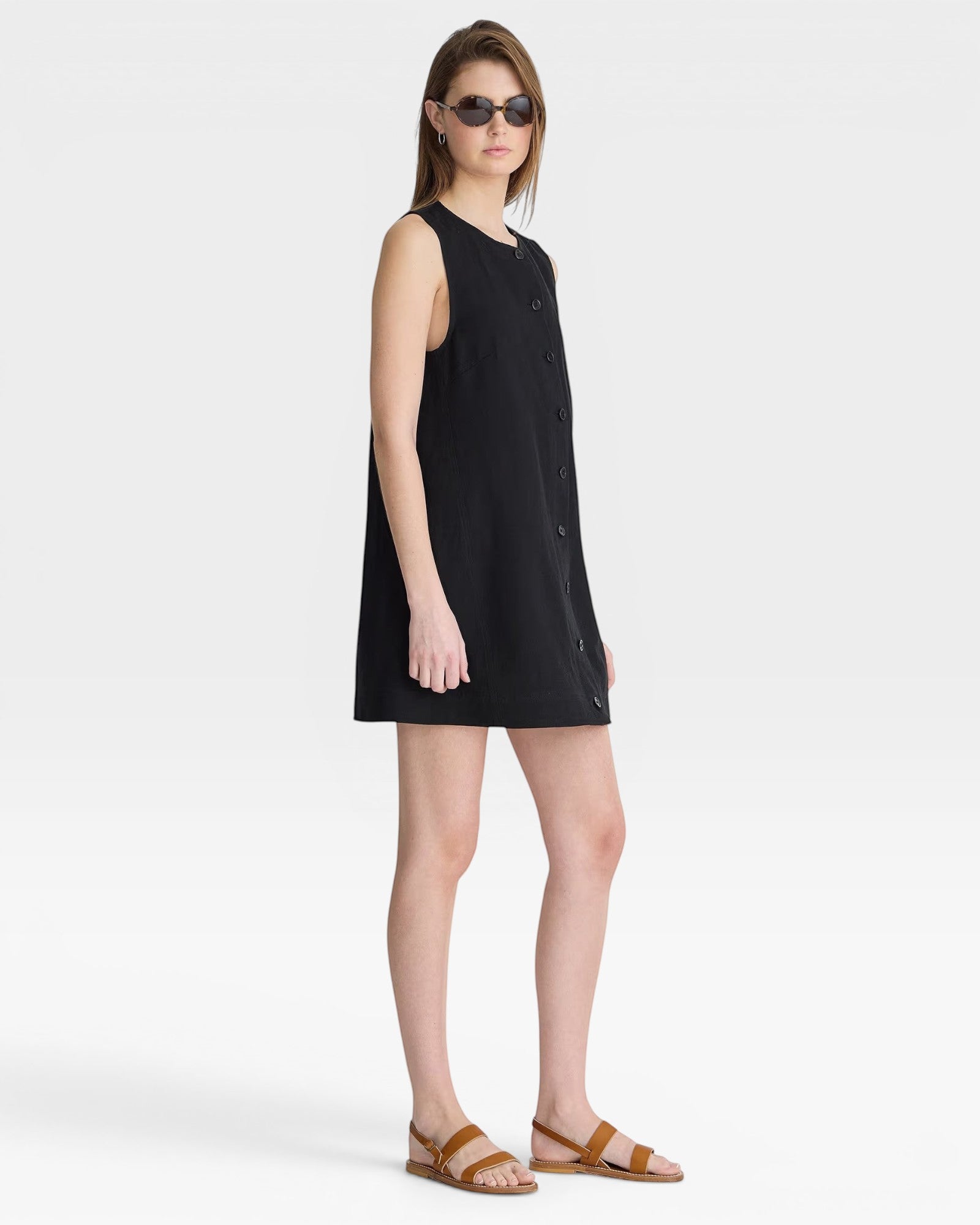 JONES + CO black linen-blend mini shift dress with button front and sunglasses