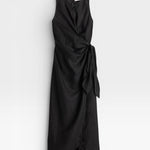 JONES + CO black linen wrap midi dress with sleeveless design and tie waist