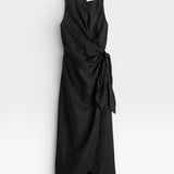 JONES + CO black linen wrap midi dress with sleeveless design and tie waist