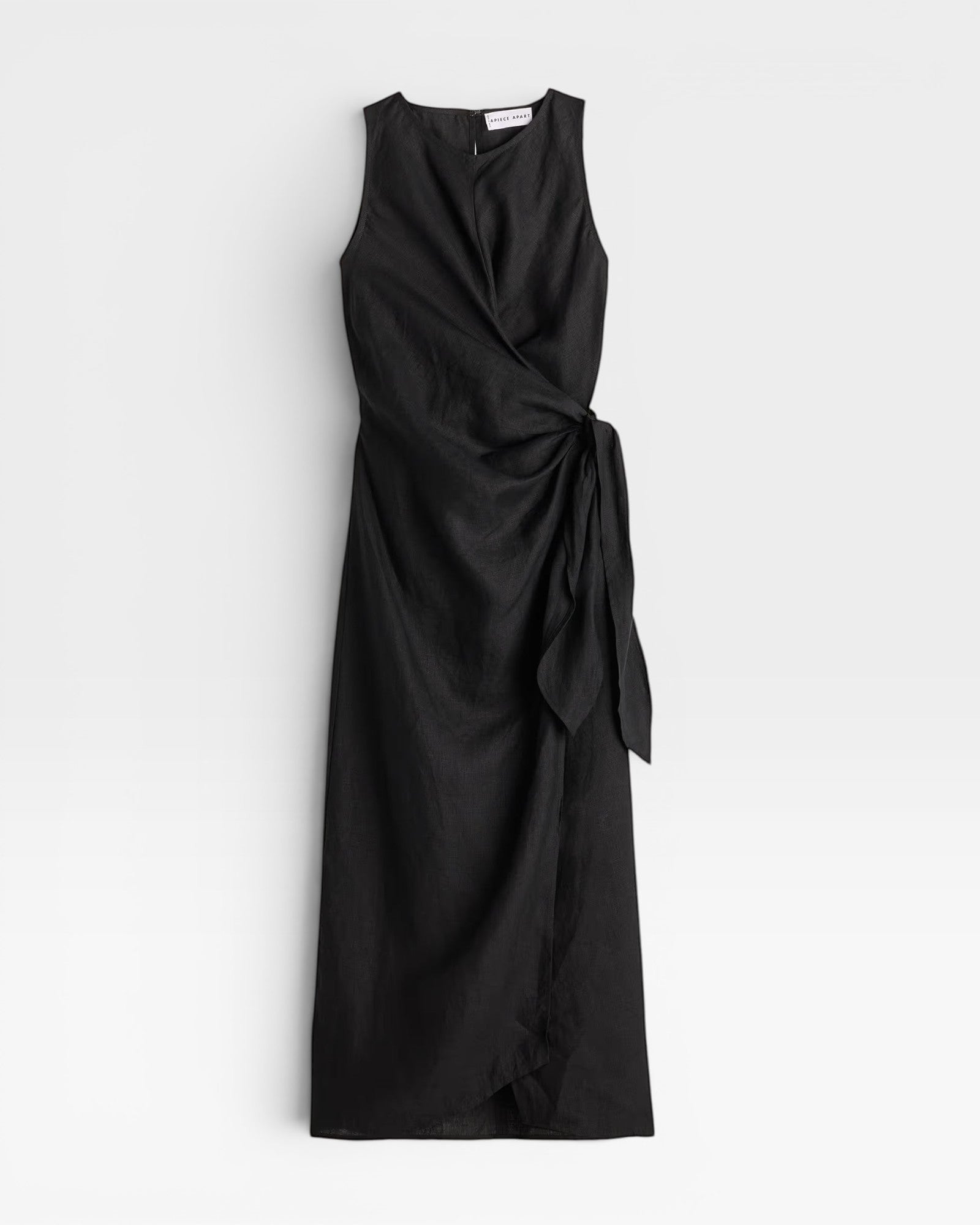 JONES + CO black linen wrap midi dress with sleeveless design and tie waist