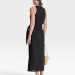 JONES + CO black linen-blend midi wrap dress with a tie waist and sleeveless tank top style.