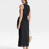 JONES + CO black linen-blend midi wrap dress with a tie waist and sleeveless tank top style.
