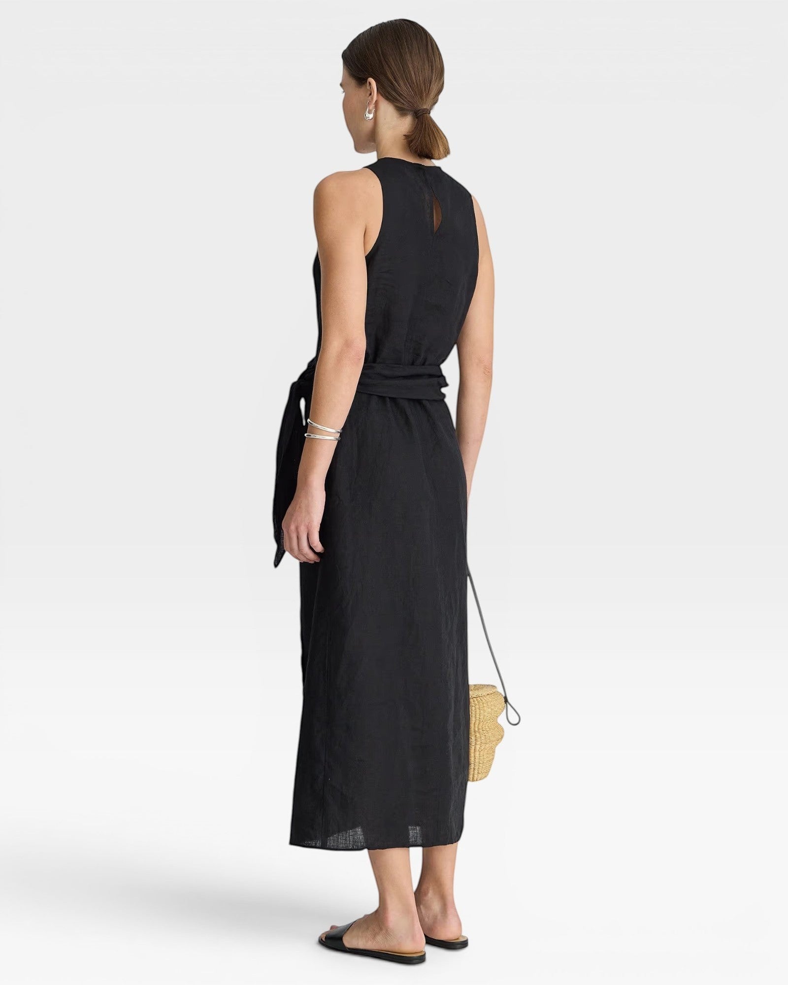 JONES + CO black linen-blend midi wrap dress with a tie waist and sleeveless tank top style.