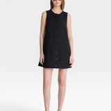 JONES + CO black sleeveless mini shift dress with button front and round neckline, perfect for casual wear.