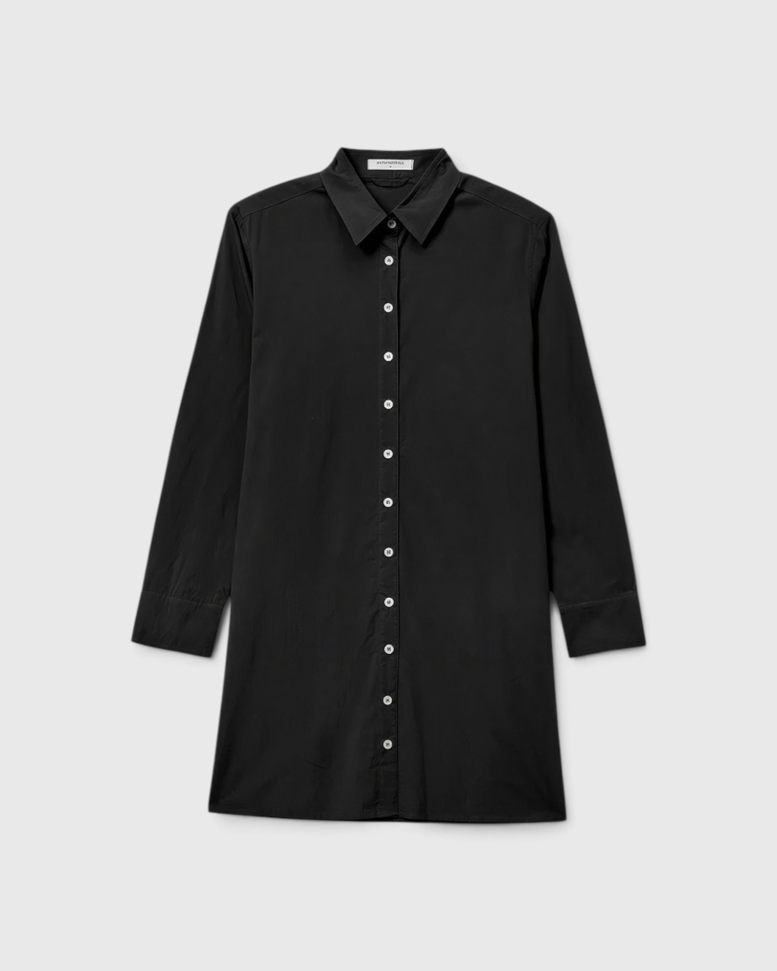 JONES + CO Felicia black poplin shirt dress with a button-front closure and crisp cotton collar.