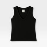 JONES + CO black ribbed knit tank top with deep V-neck and close fit.