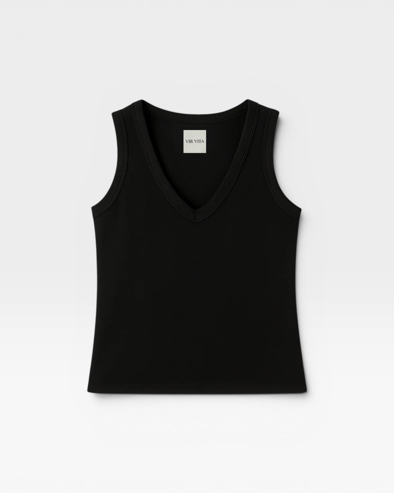 JONES + CO black ribbed knit tank top with deep V-neck and close fit.