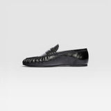 JONES + CO Sydney black crinkle patent leather penny loafer with ruched toe detail in a side profile view.