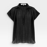 JONES + CO black stripe relaxed fit short sleeve collared v-neck top