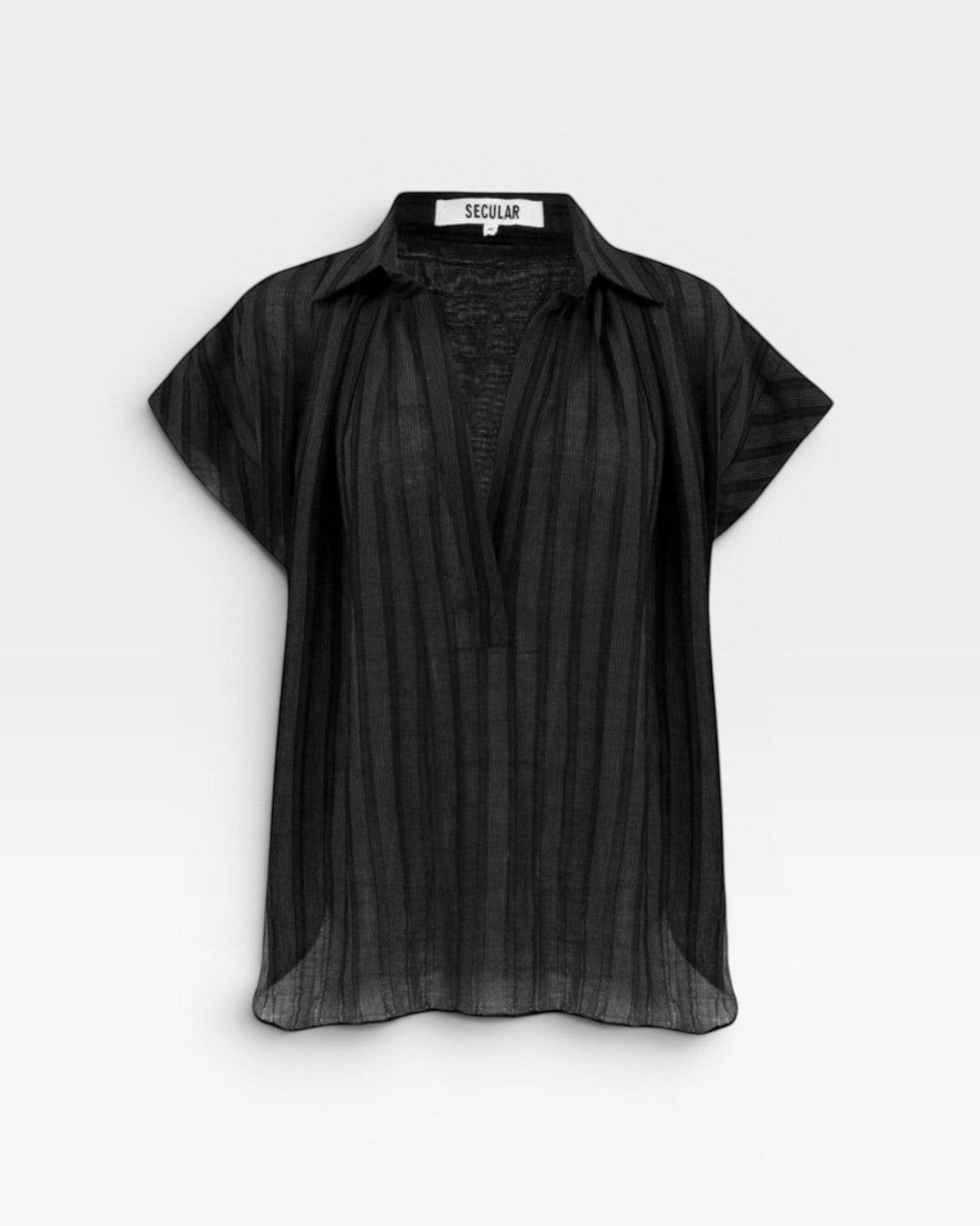 JONES + CO black stripe relaxed fit short sleeve collared v-neck top
