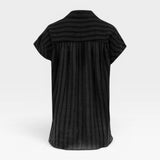 JONES + CO black stripe short sleeve relaxed fit top with open collar