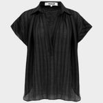 JONES + CO black stripe relaxed fit short sleeve collared v-neck top