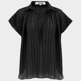JONES + CO black stripe relaxed fit short sleeve collared v-neck top