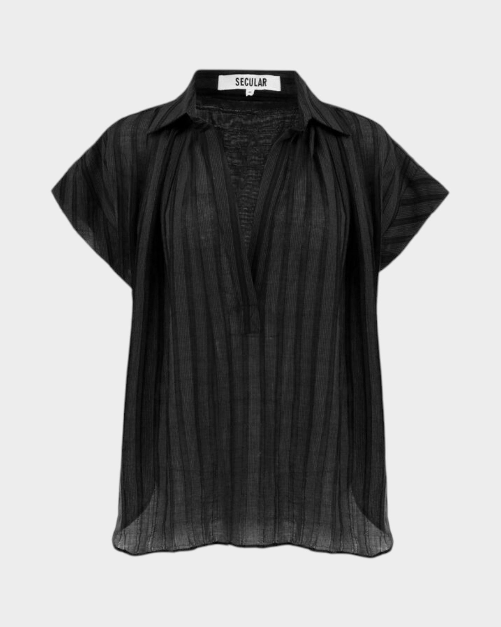 JONES + CO black stripe relaxed fit short sleeve collared v-neck top