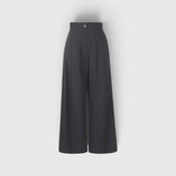 JONES + CO black high-waisted wide-leg trousers in organic crisp cotton with front pleats and button closure
