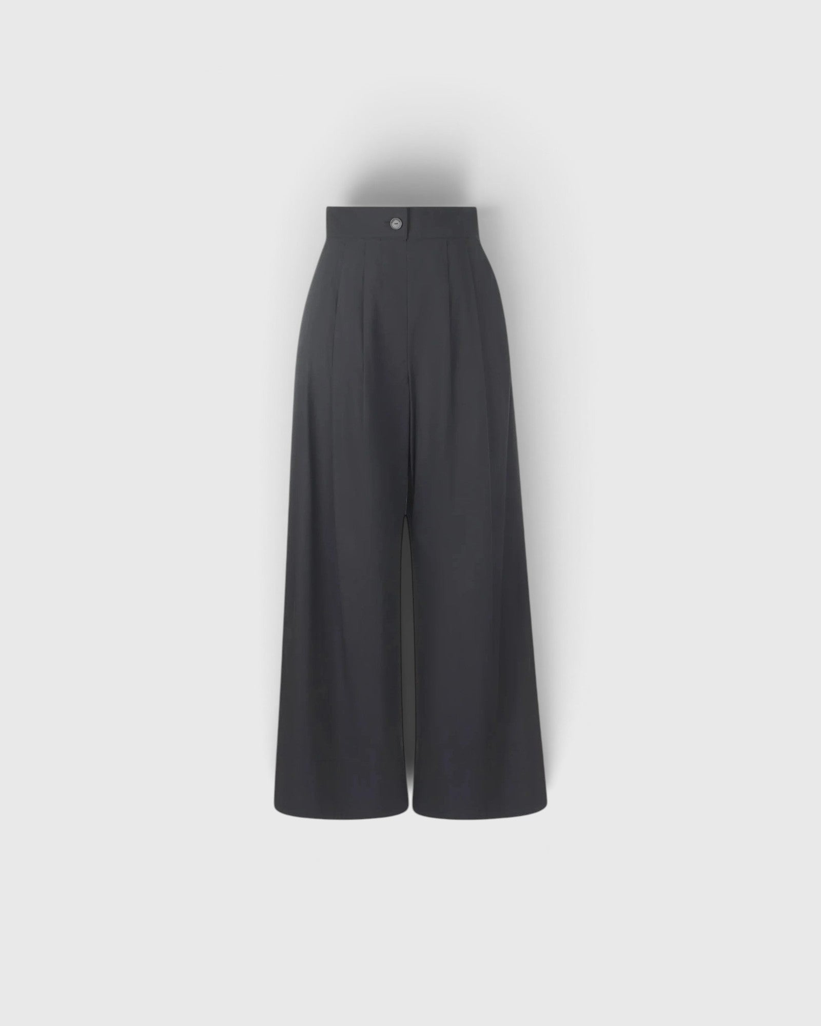JONES + CO black high-waisted wide-leg trousers in organic crisp cotton with front pleats and button closure