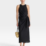 JONES + CO black linen blend wrap midi dress with sleeveless design and tie waist detail.