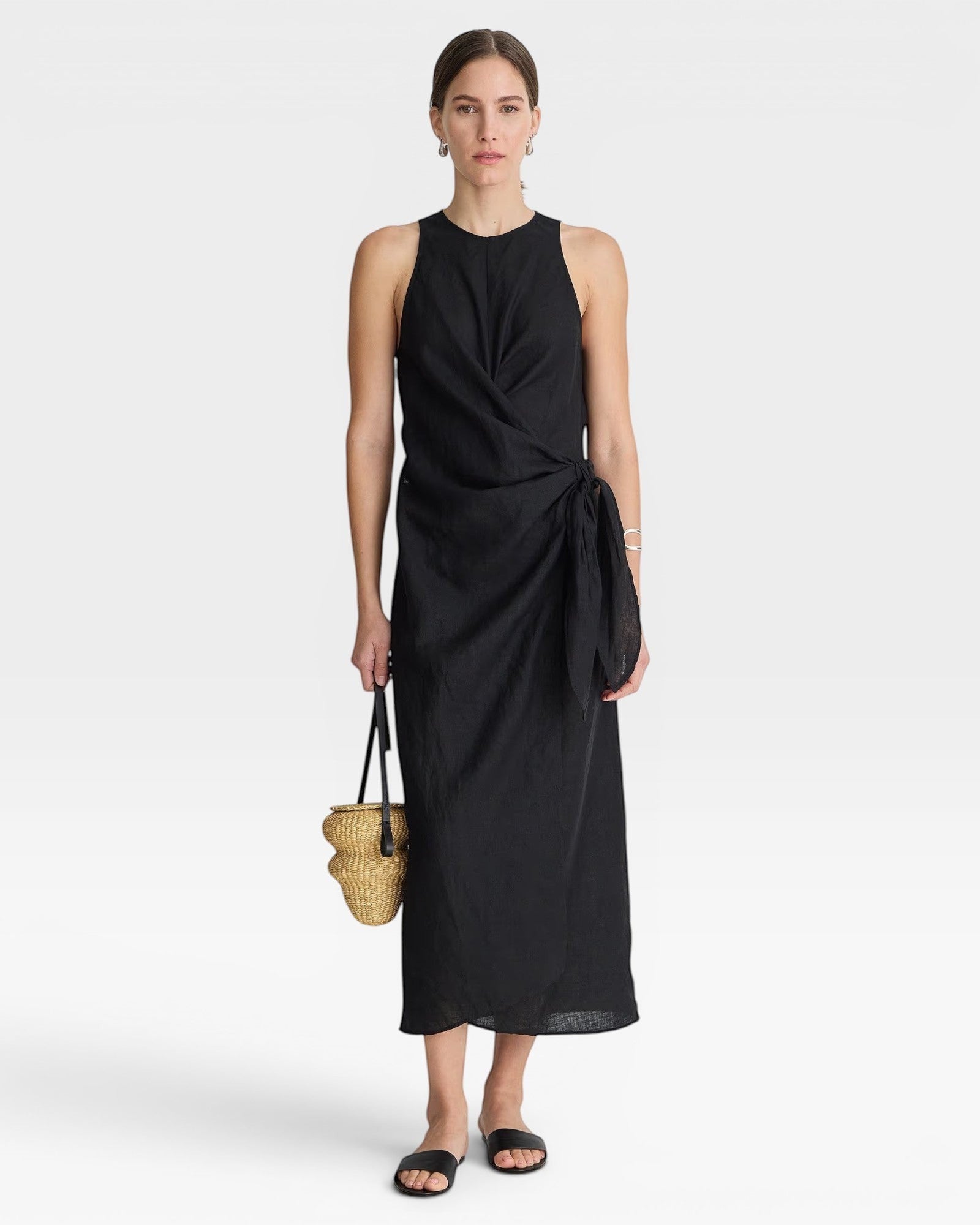 JONES + CO black linen blend wrap midi dress with sleeveless design and tie waist detail.