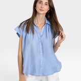 JONES + CO blue brushed cotton Trinity button-up top with relaxed drape and short sleeves.