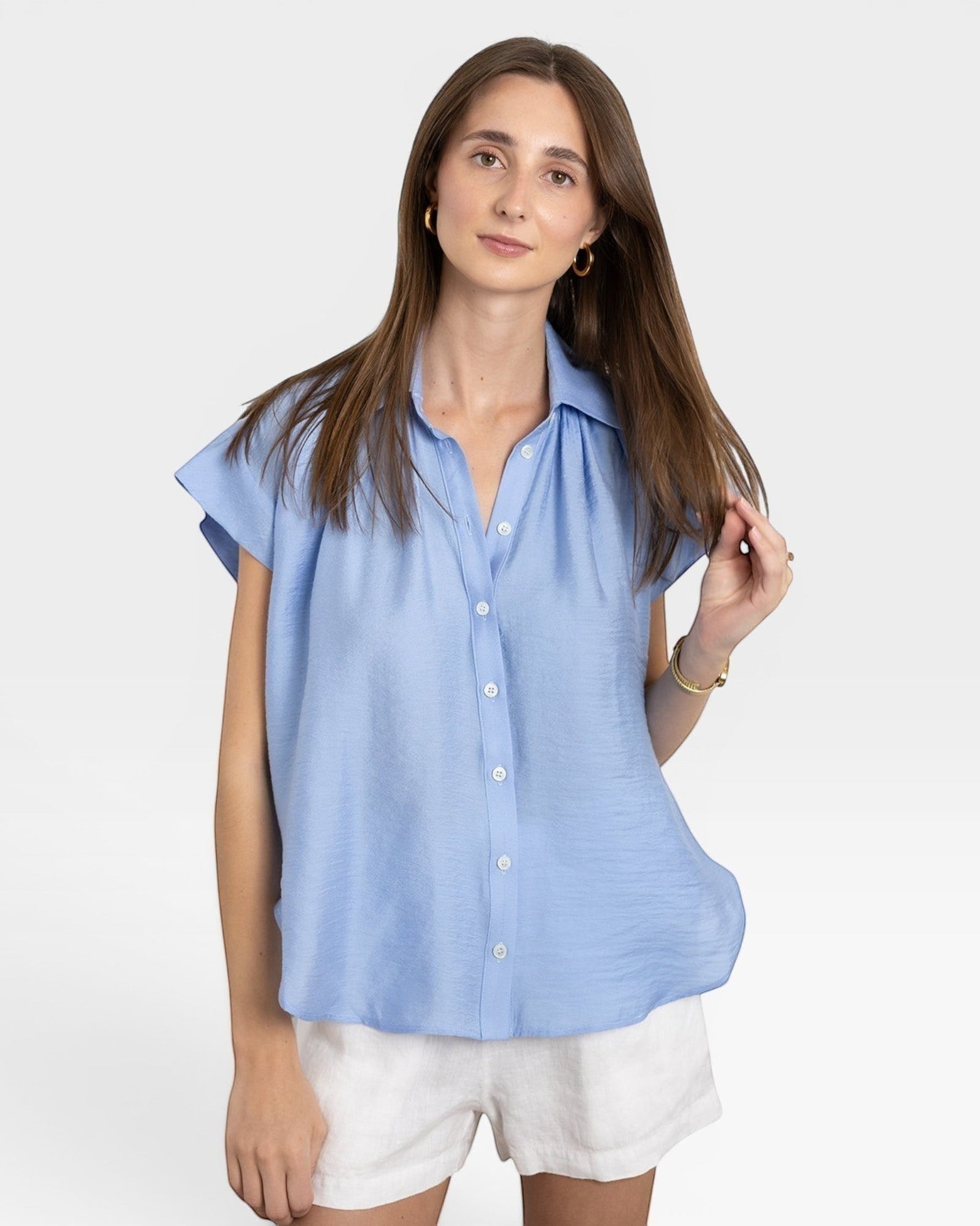 JONES + CO blue brushed cotton Trinity button-up top with relaxed drape and short sleeves.