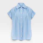 JONES + CO blue brushed cotton Trinity button top with relaxed drape and open collar.