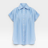 JONES + CO blue brushed cotton Trinity button top with relaxed drape and open collar.
