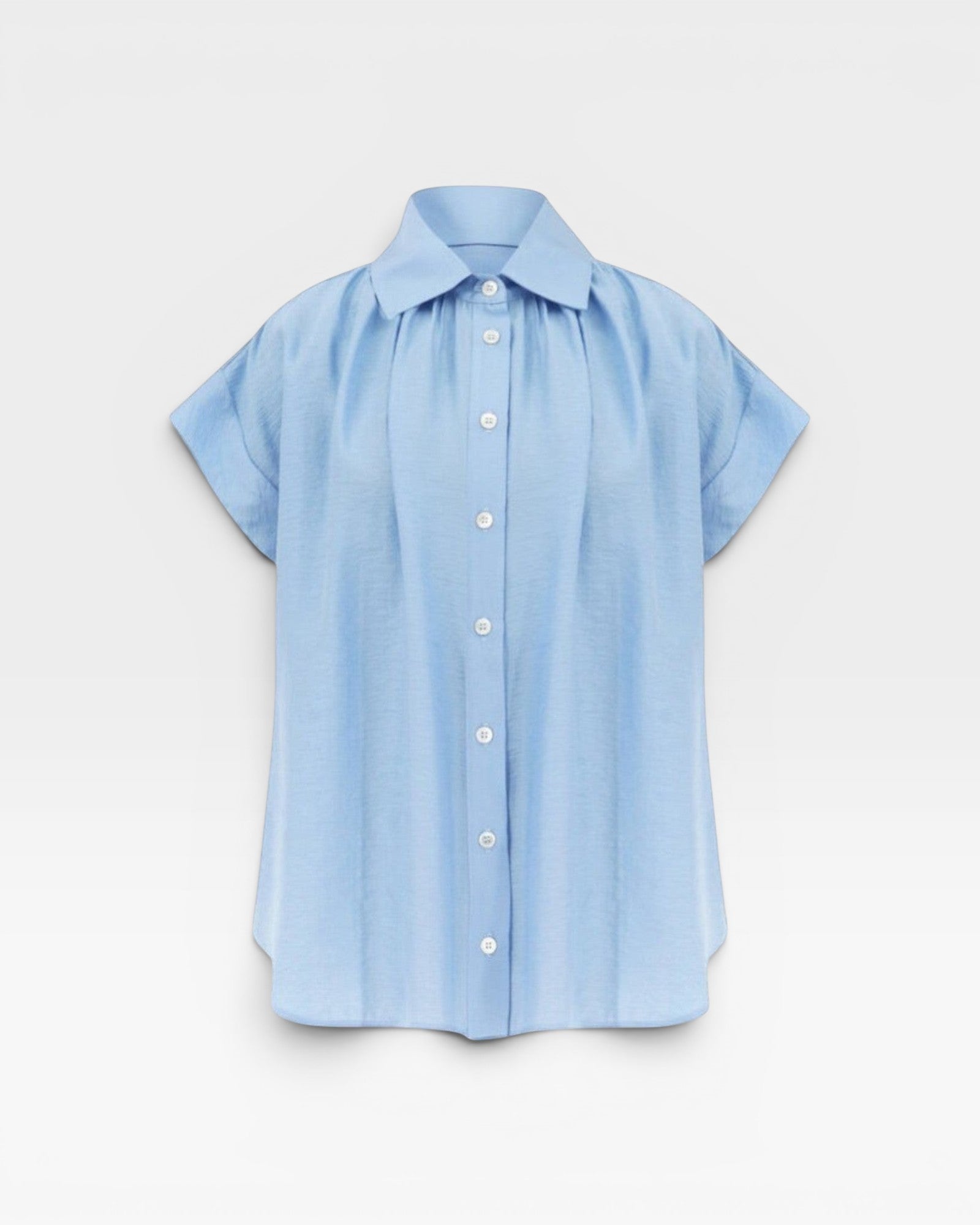 JONES + CO blue brushed cotton Trinity button top with relaxed drape and open collar.