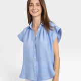 JONES + CO blue brushed cotton Trinity button top with relaxed drape and open collar.