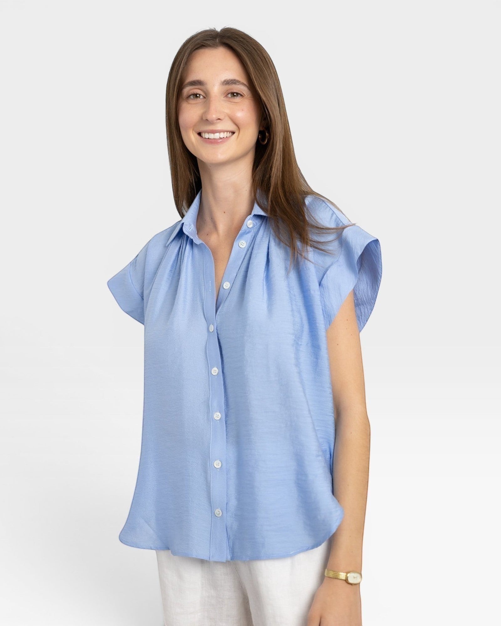 JONES + CO blue brushed cotton Trinity button top with relaxed drape and open collar.