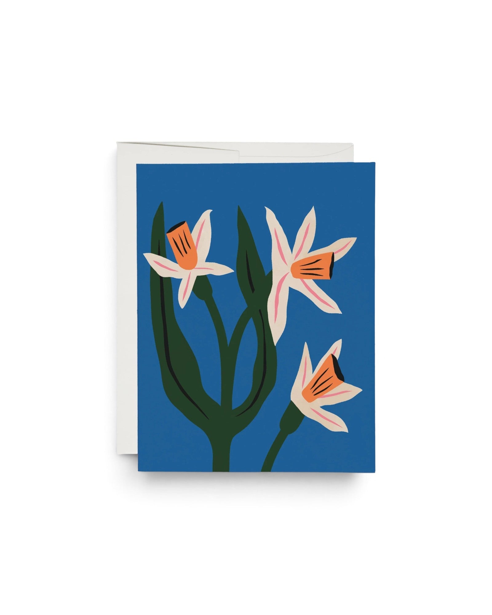 JONES + CO Blue Daffodils greeting card featuring a floral illustration on heavyweight recycled cardstock with envelope