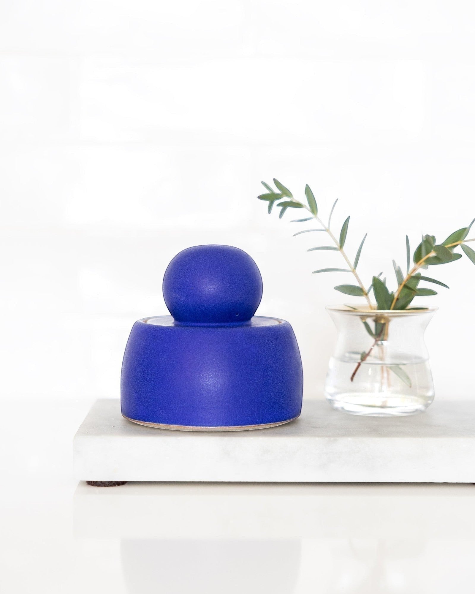 JONES + CO electric blue stoneware stash jar with sculptural knob, handmade in Los Angeles.