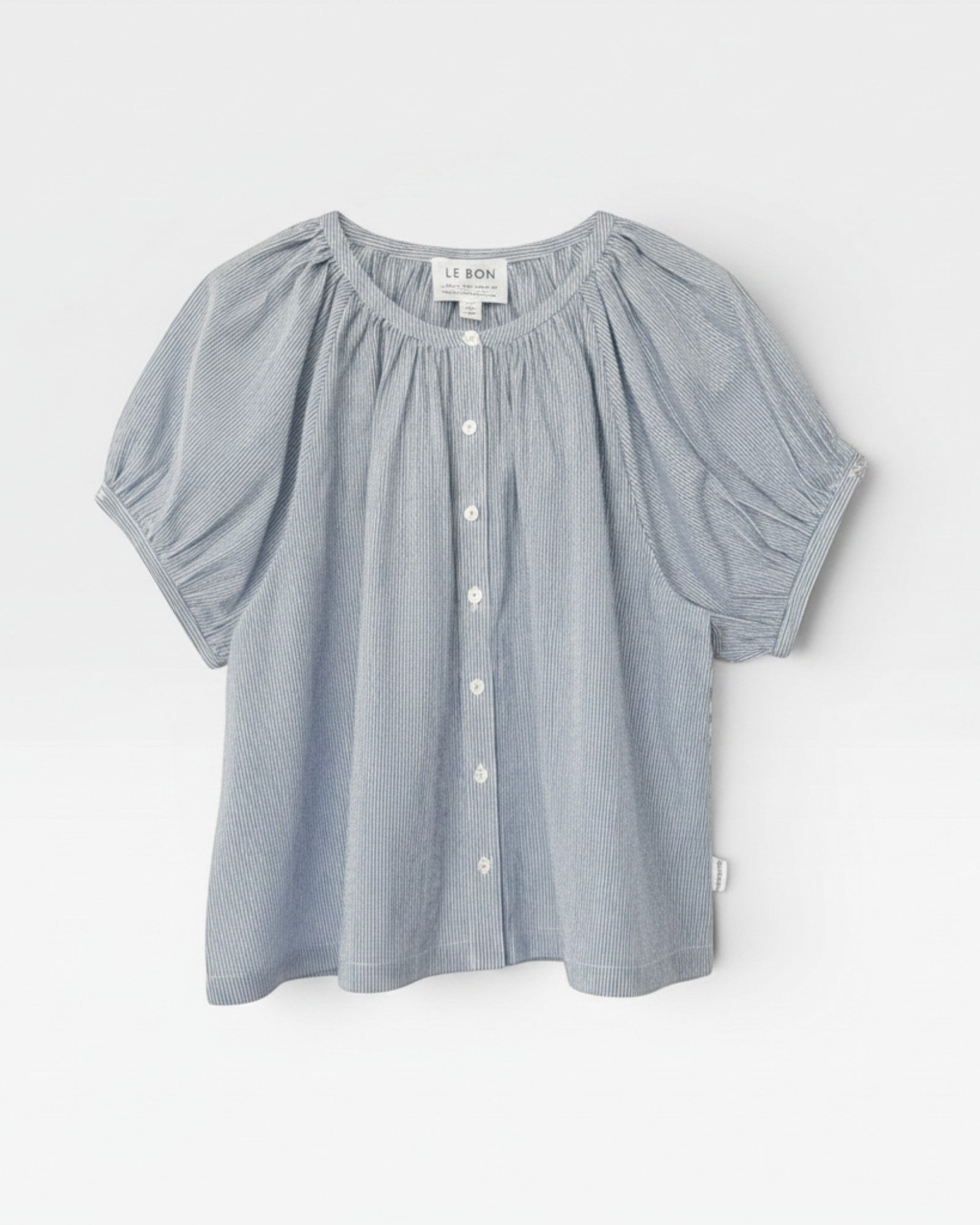 JONES + CO blue and white striped cotton short sleeve top with shirring and puff sleeves.
