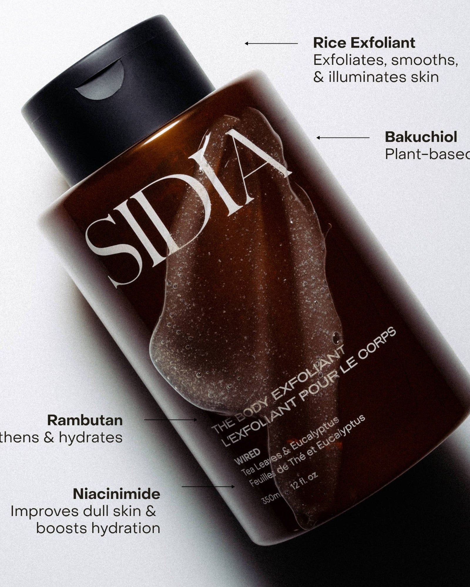 JONES + CO The Body Exfoliant WIRED in a brown bottle with a black cap, featuring rice exfoliants.