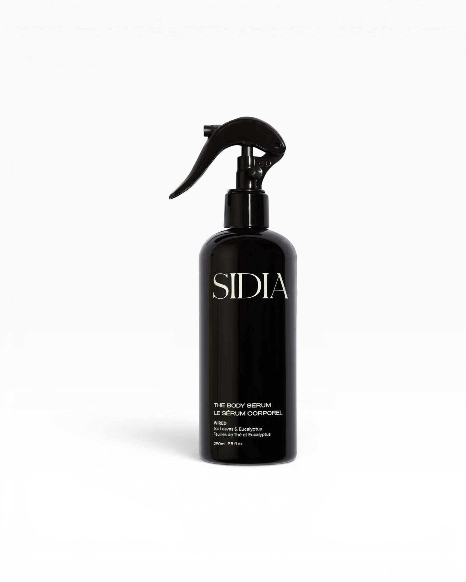 JONES + CO The Body Serum WIRED in black spray bottle with tea leaves and eucalyptus scent. Lightweight, fast-absorbing formula.