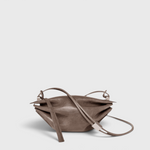 JONES + CO Bon-Bon Cords bag in shiny taupe Italian leather with a pleated design and metal clasp detail.